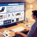 Person browsing deals on large TV with gadgets and packaging on wooden desk