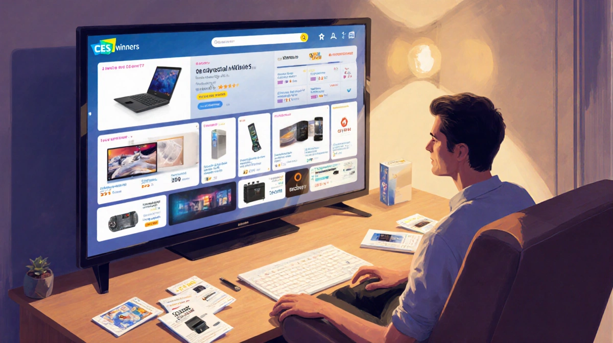 Person browsing deals on large TV with gadgets and packaging on wooden desk
