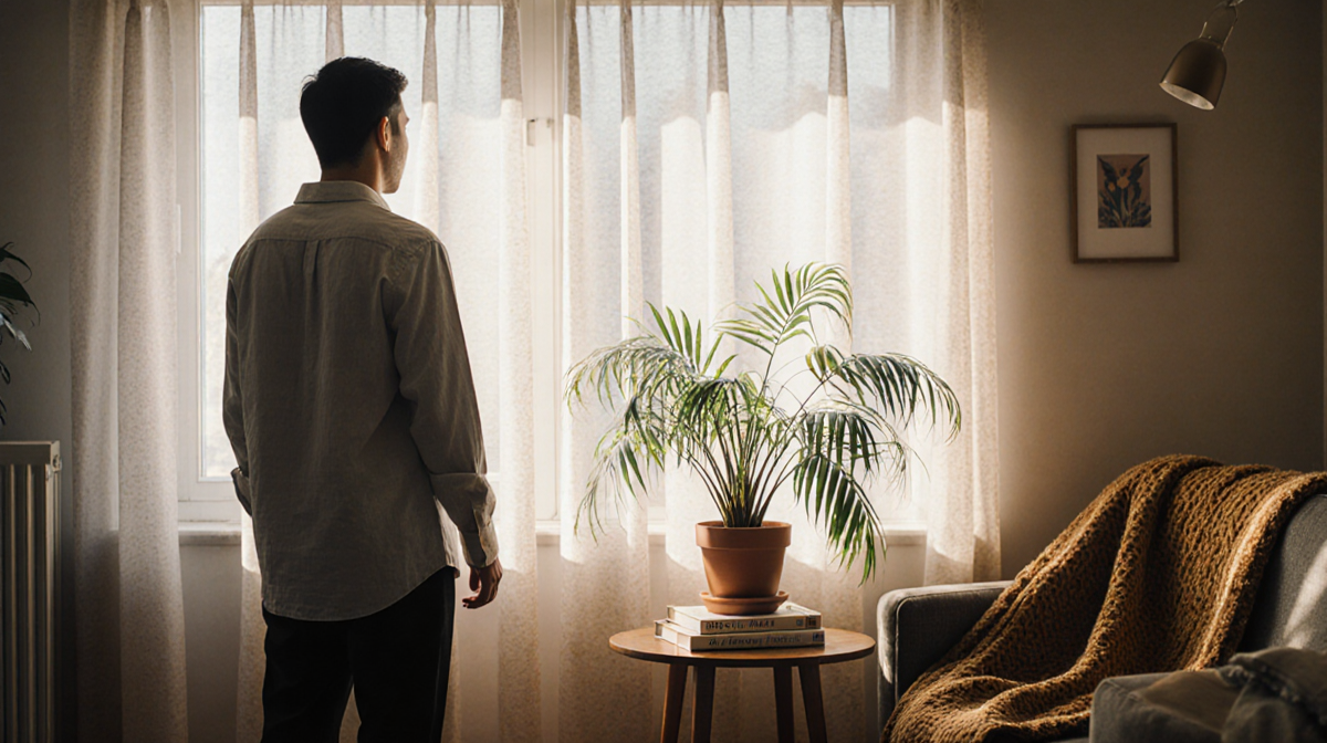 Person standing by a window with sheer curtains letting soft light onto a potted plant.