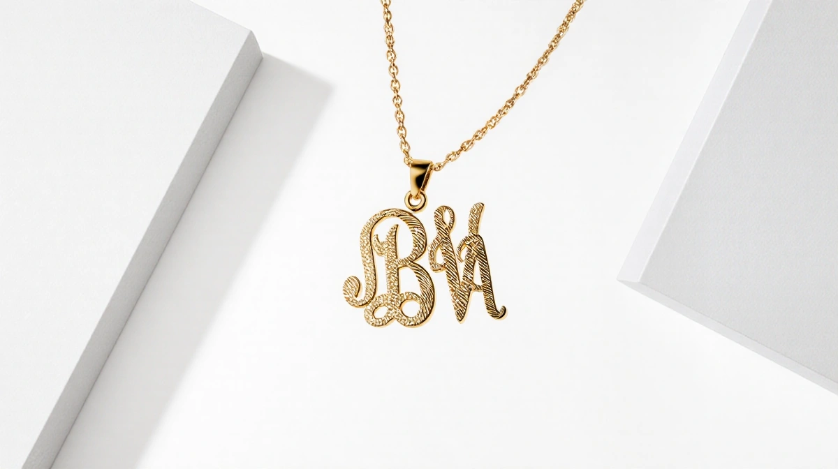 Interlocking gold initials necklace with fingerprint engravings and delicate chain on white background