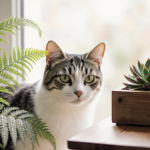 Cat peeking out from behind a lush fern with a pet-friendly succulent planter on a wooden side table in a quiet indoor garden