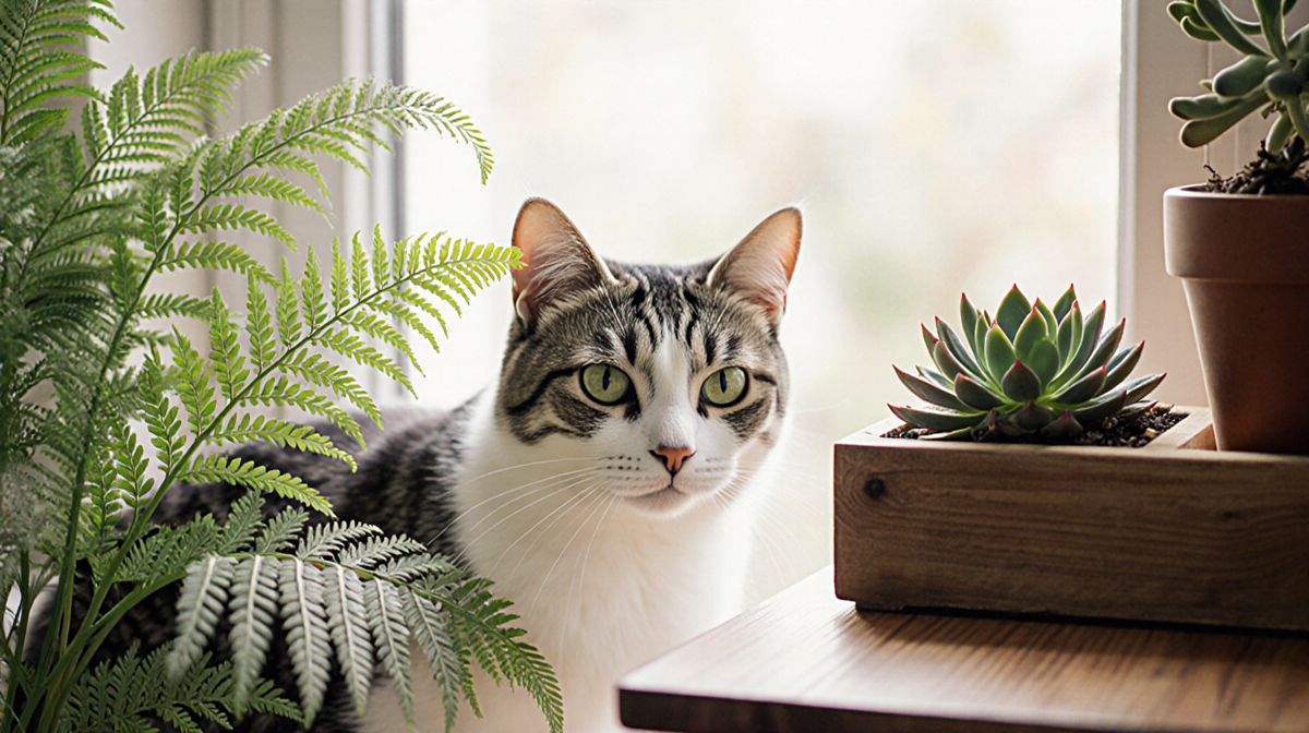 Cat peeking out from behind a lush fern with a pet-friendly succulent planter on a wooden side table in a quiet indoor garden