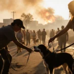 Volunteer handing leash to grateful pet owner with dog licking tears during fire rescue with smoke rising behind