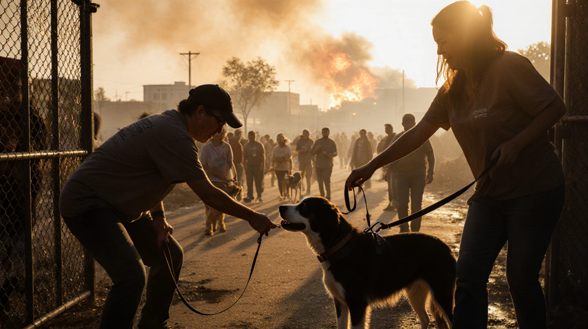Volunteer handing leash to grateful pet owner with dog licking tears during fire rescue with smoke rising behind