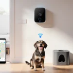 Happy dog standing before a smart home with an AI pet camera above and a GPS map on the owner