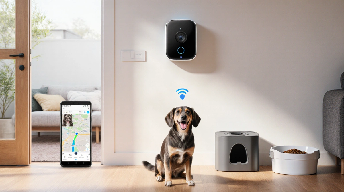 Happy dog standing before a smart home with an AI pet camera above and a GPS map on the owner