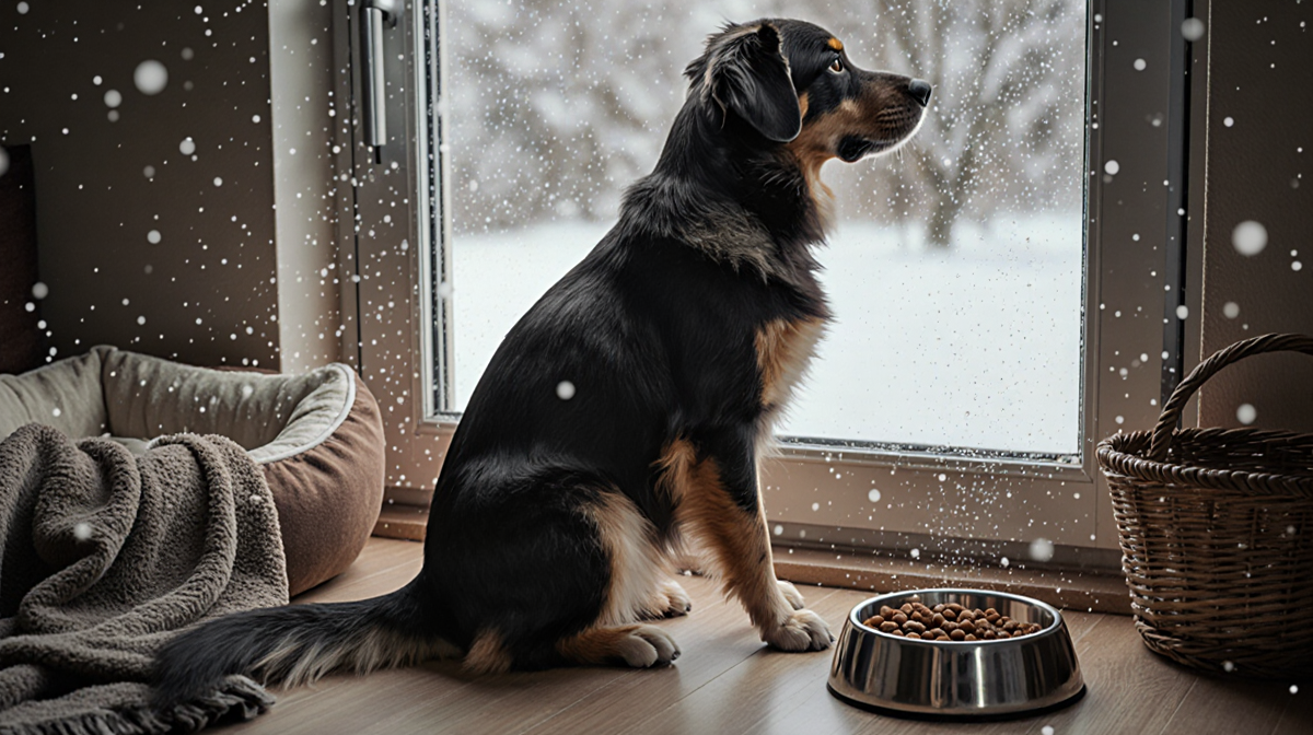 Cat sits by window with snow falling outside and cozy blanket and bowl of food and a locked door inside.