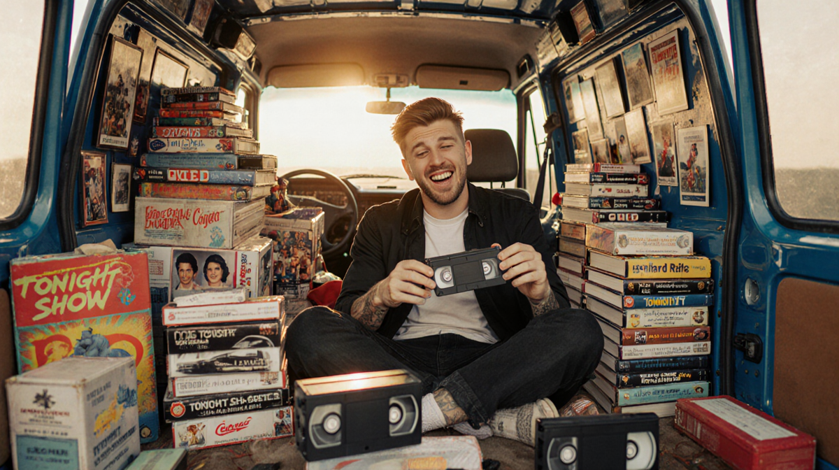 Pete Davidson holds up a VHS tape with a playful smile inside his Dad Van surrounded by tape stacks and warm light.