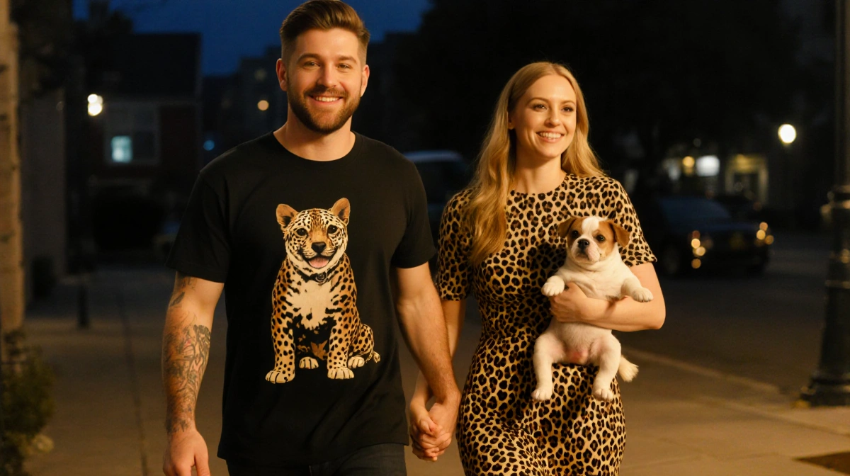 Pete Davidson and Elsie Hewitt walking hand-in-hand with baby Scottie while wearing matching leopard-print outfits and glowin