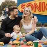 Pete and Elsie sit on picnic blanket with baby Scottie playing burger toy near blurred sign