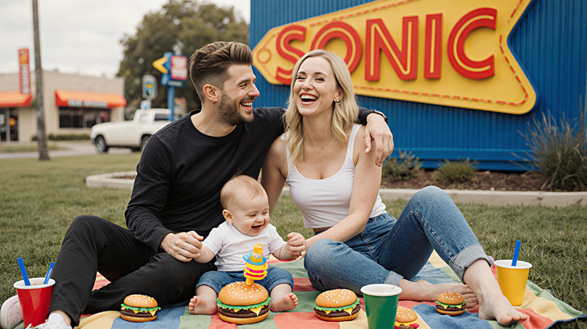 Pete and Elsie sit on picnic blanket with baby Scottie playing burger toy near blurred sign