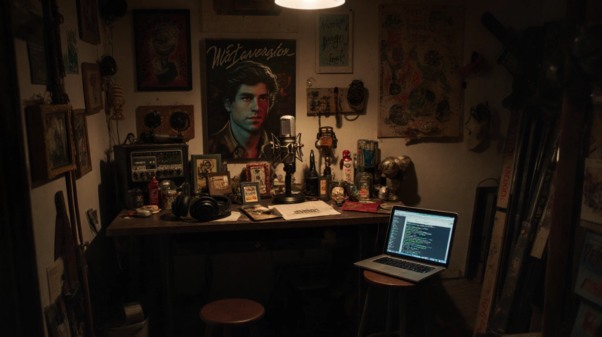 Pete Davidson records podcast in his garage studio with microphone on workbench and personal artwork on walls