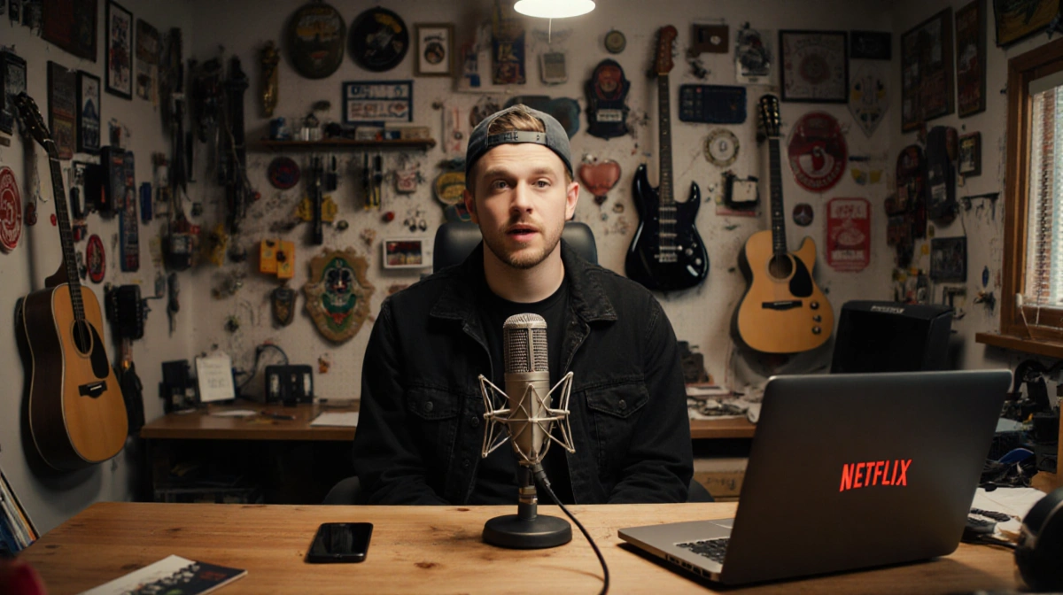 Pete Davidson recording his podcast with vintage microphone and Netflix logo on wall behind