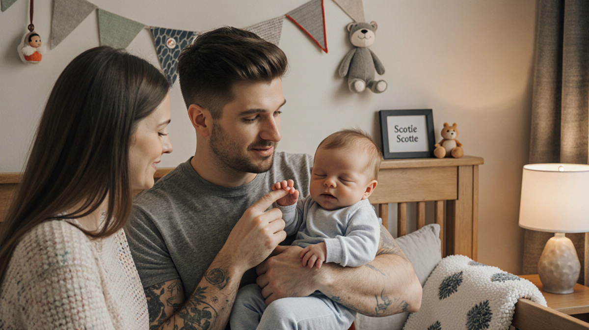 Pete Davidson holding daughter Scottie with Elsie Hewitt nearby in a cozy nursery and Scottie's tiny hands around his finger