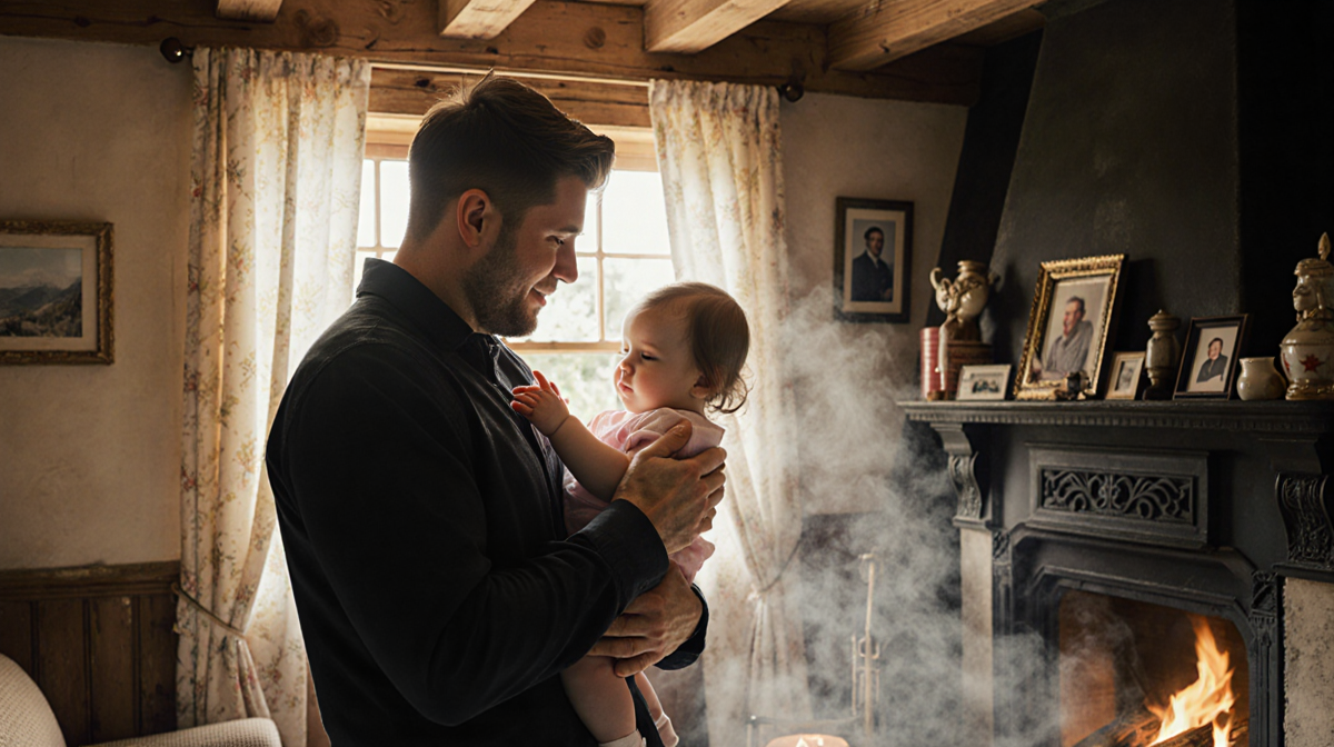 Pete Davidson holding baby girl Scottie Rose with her tiny hand on his finger near a crackling fireplace and golden light