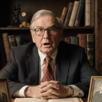 Peter Buffett sitting at a desk with a shocked expression and vintage family photos while gold coins hint at wealth and legac