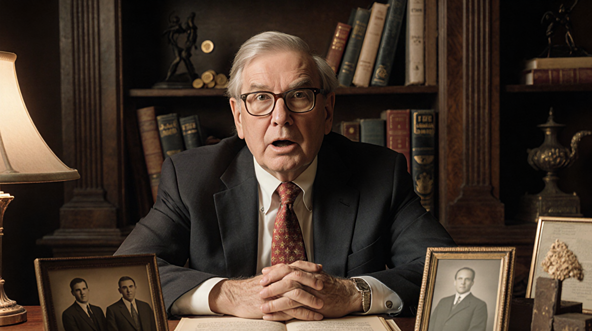 Peter Buffett sitting at a desk with a shocked expression and vintage family photos while gold coins hint at wealth and legac