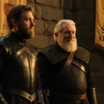 Peter Claffey stands with George R.R. Martin on Belfast Game of Thrones set with medieval stone walls and banners behind