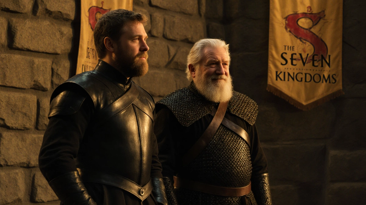 Peter Claffey stands with George R.R. Martin on Belfast Game of Thrones set with medieval stone walls and banners behind