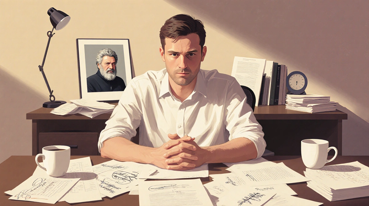 Peter Claffey sits at cluttered desk with scattered papers and coffee cups while reflecting on his creative writing process