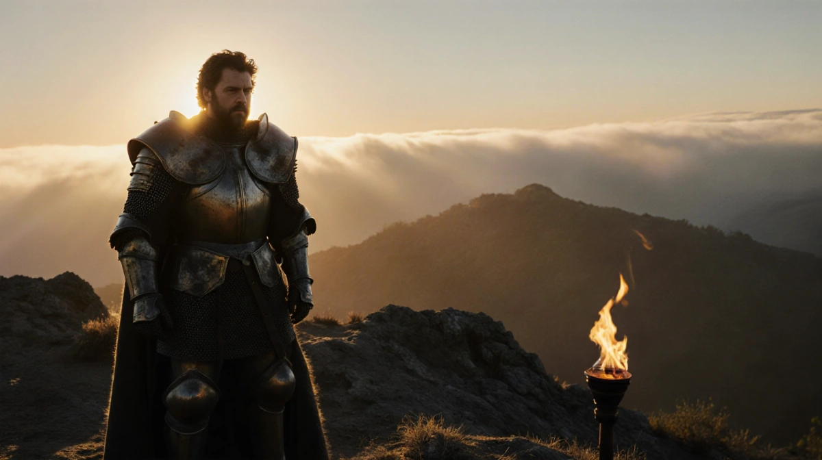 Peter Dinklage stands on misty hill with weathered armor and torch casting shadows over medieval Westeros landscape