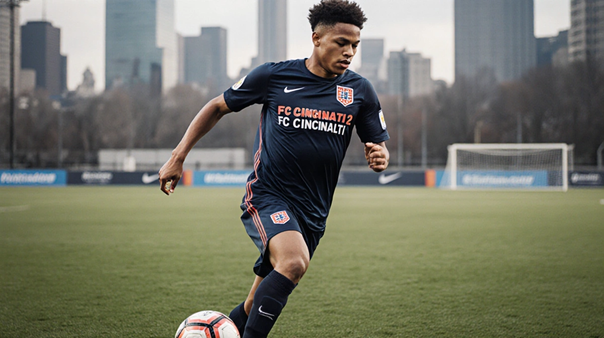 Peter sprinting with soccer ball wearing FC Cincinnati kit with stadium and city skyline behind him