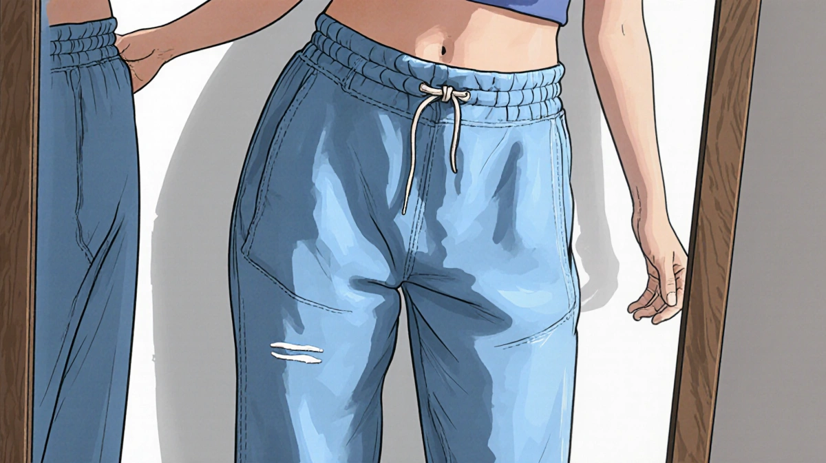 Petite woman checks relaxed-fit sweatpant jeans in mirror with comfort seams showing