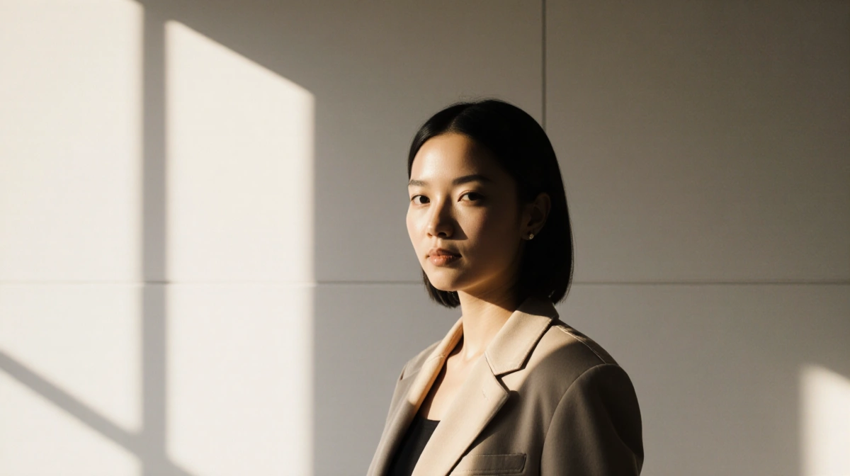 Petite woman wearing tailored jacket with fitted shoulders and soft side lighting showing confident style
