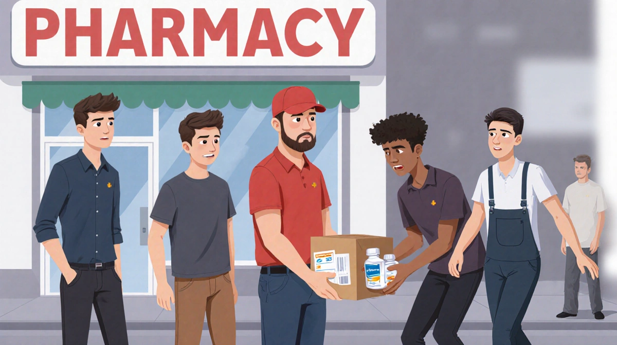 Three suspects grabbing weight loss packages from delivery driver with pharmacy sign visible behind them