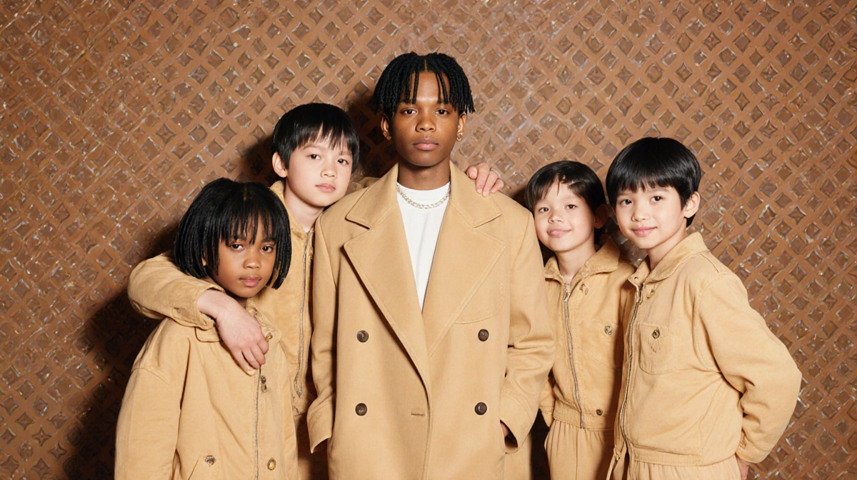 Pharrell Williams' son Rocket stands with three siblings in tan outfits with Louis Vuitton pattern showing behind
