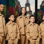 Helen standing confidently with her four children in jackets and a blurred Parisian street background the Eiffel Tower.