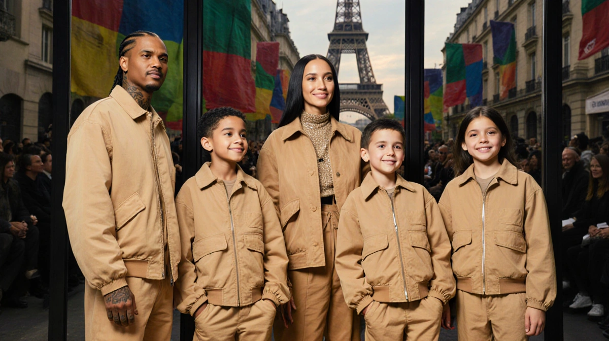 Helen standing confidently with her four children in jackets and a blurred Parisian street background the Eiffel Tower.