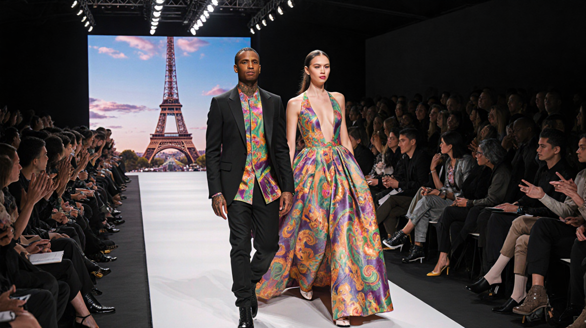 Pharrell Williams and Helen Lasichanh walking on the runway with Eiffel Tower in background during Paris Fashion Week