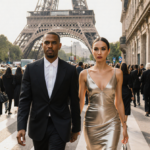 Pharrell Williams walks hand-in-hand with Helen Lasichangh through Paris streets with the Eiffel Tower and fashion models