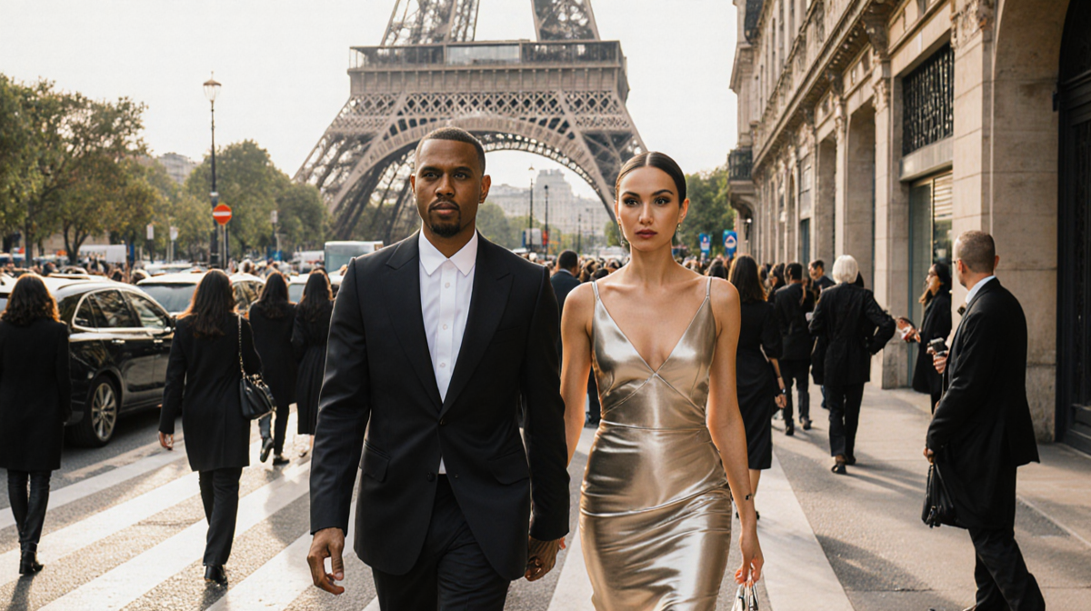 Pharrell Williams walks hand-in-hand with Helen Lasichangh through Paris streets with the Eiffel Tower and fashion models