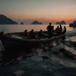 Speedboat sinking at Phi Phi Islands with rescue boat approaching and debris floating nearby