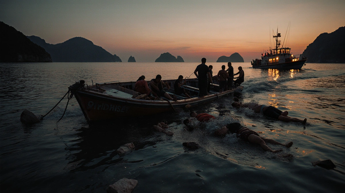 Speedboat sinking at Phi Phi Islands with rescue boat approaching and debris floating nearby