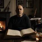 Phil Collins reading handwritten lyrics in book with whiskey glass and fireplace glowing behind