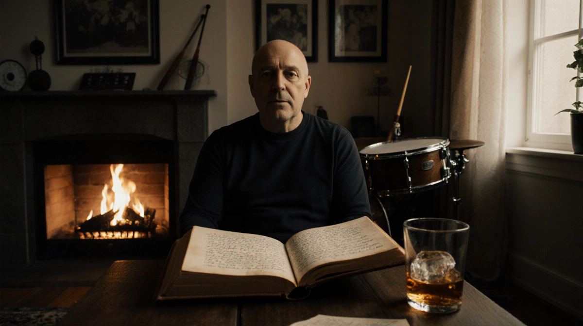 Phil Collins reading handwritten lyrics in book with whiskey glass and fireplace glowing behind