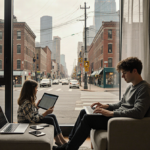 Young adult sits on couch with laptop and smartphone while warm cityscape of skyscrapers and fiber cables fills background