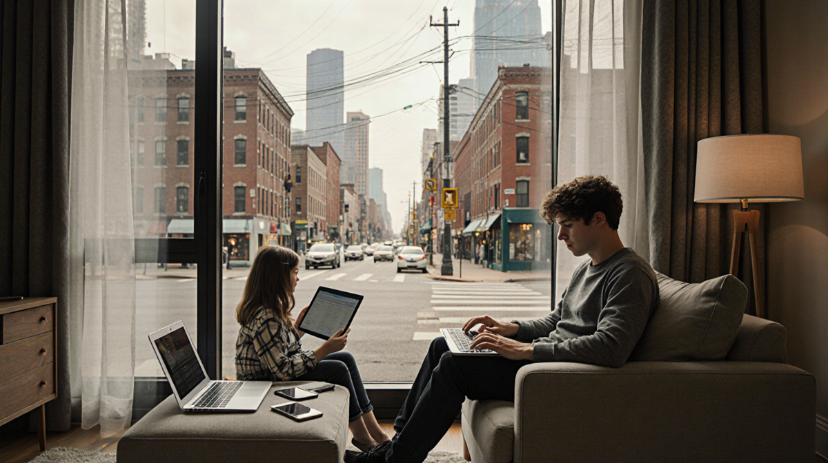 Young adult sits on couch with laptop and smartphone while warm cityscape of skyscrapers and fiber cables fills background