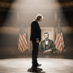 Philip Glass standing alone on Kennedy Center stage with a spotlight on shadows and face downturned American flag reflection