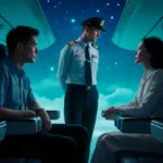 Two passengers exchange glances with a pilot standing nearby inside the Philippine Airlines cabin with safety equipment visib