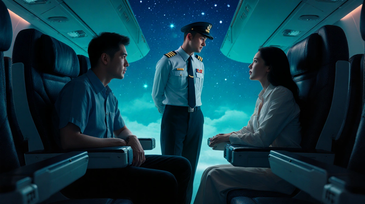 Two passengers exchange glances with a pilot standing nearby inside the Philippine Airlines cabin with safety equipment visib