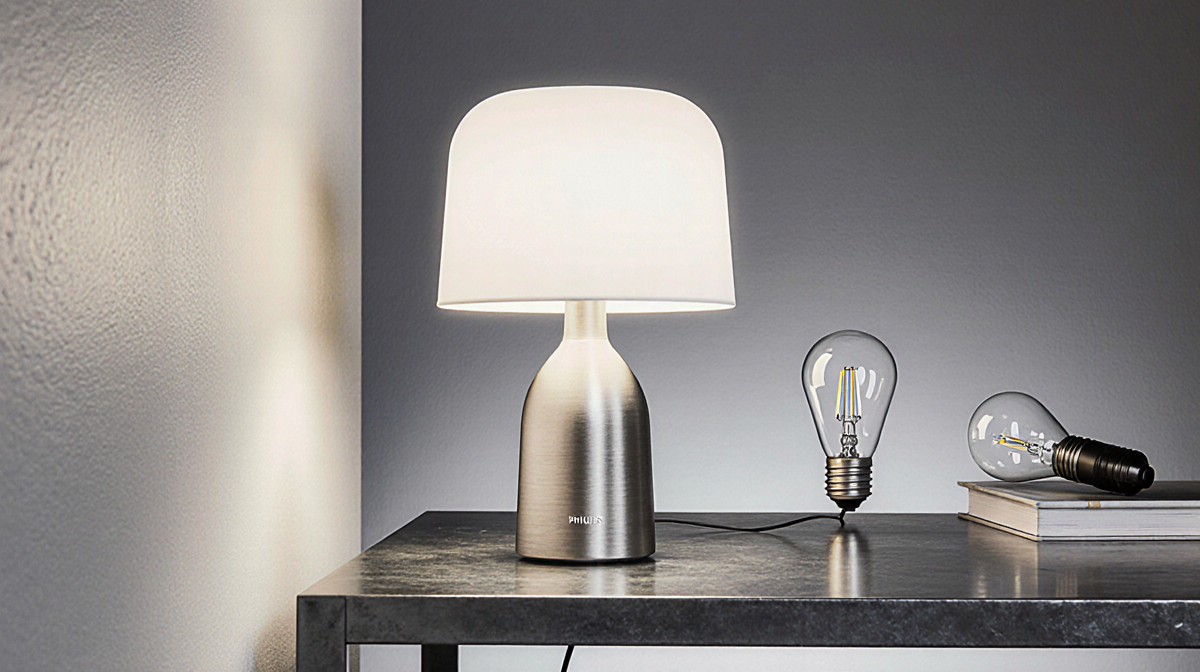 Philips Hue Signe smart lamp rests on a metal desk with a brushed-metal base and visible heat-sink fins and LED bulbs