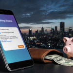Smartphone screen showing suspicious link with wallet spilling money near dim cityscape at dusk