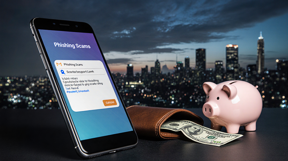 Smartphone screen showing suspicious link with wallet spilling money near dim cityscape at dusk