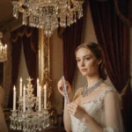 Phoebe Dynevor holds up a bejeweled necklace with chandeliers and ornate mirrors reflecting luxury Bridgerton style