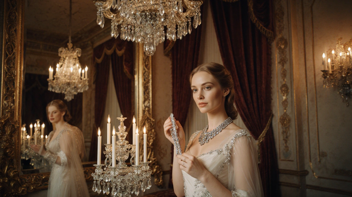 Phoebe Dynevor holds up a bejeweled necklace with chandeliers and ornate mirrors reflecting luxury Bridgerton style