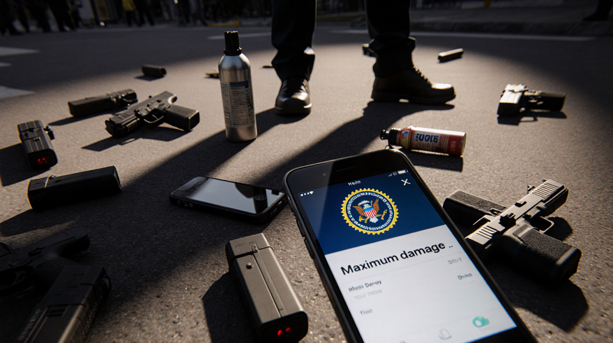 Phone lying on ground with scattered gun holsters and pepper spray canisters and phone screen showing maximum damage DHS logo
